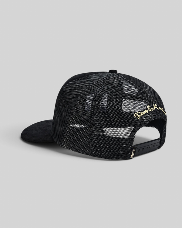 Baffle Haus Marsden Trucker cap in black featuring a mesh back, corduroy brim, and gold embroidered rear detail.
