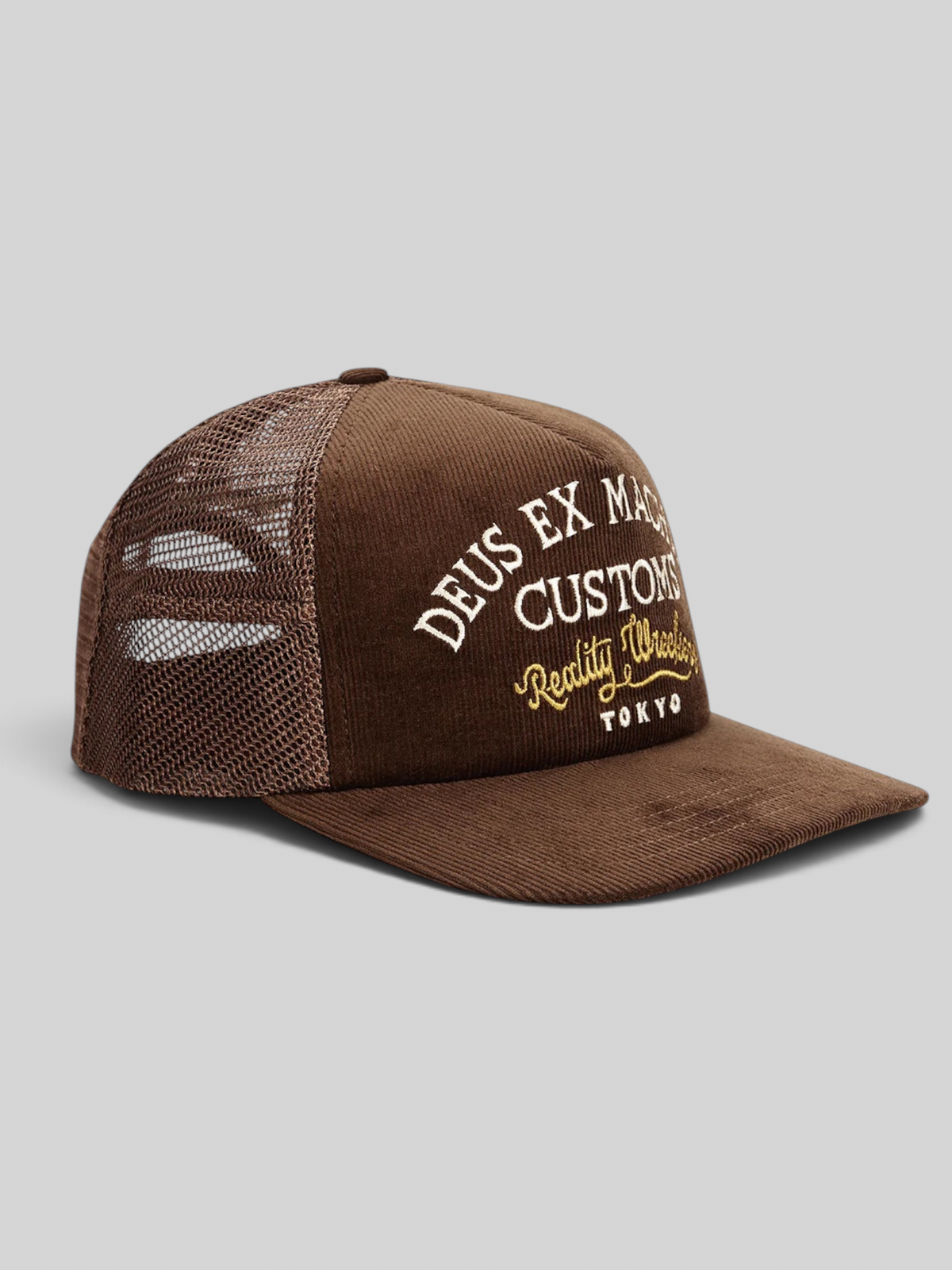 Baffle Haus Marsden brown corduroy trucker cap with white and gold embroidered front graphic and mesh back panels