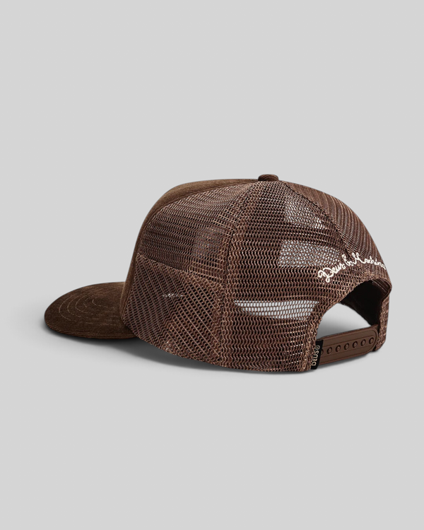 Baffle Haus Marsden brown corduroy and mesh 5-panel trucker cap with snapback closure and rear embroidery