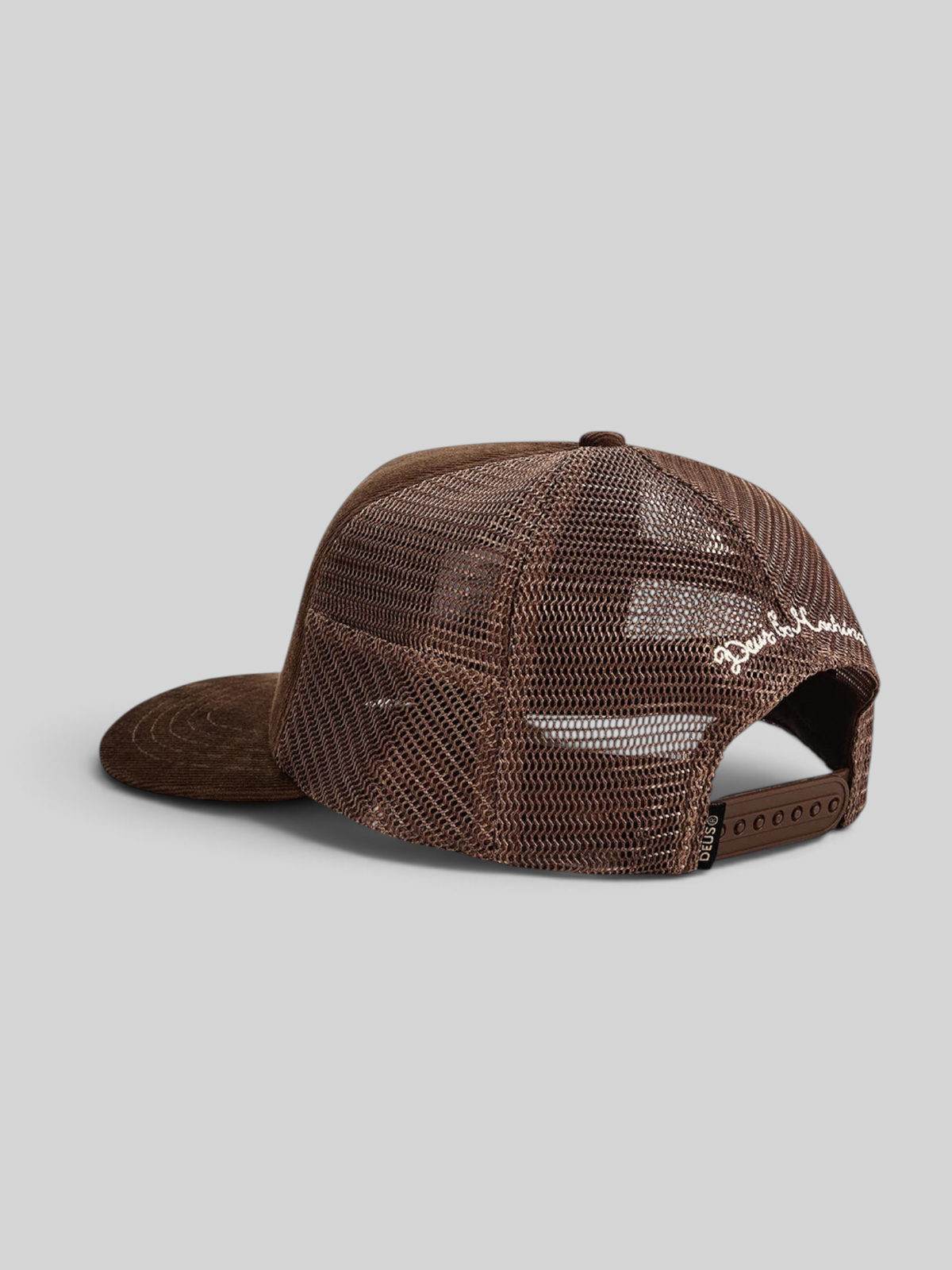 Baffle Haus Marsden brown corduroy and mesh 5-panel trucker cap with snapback closure and rear embroidery