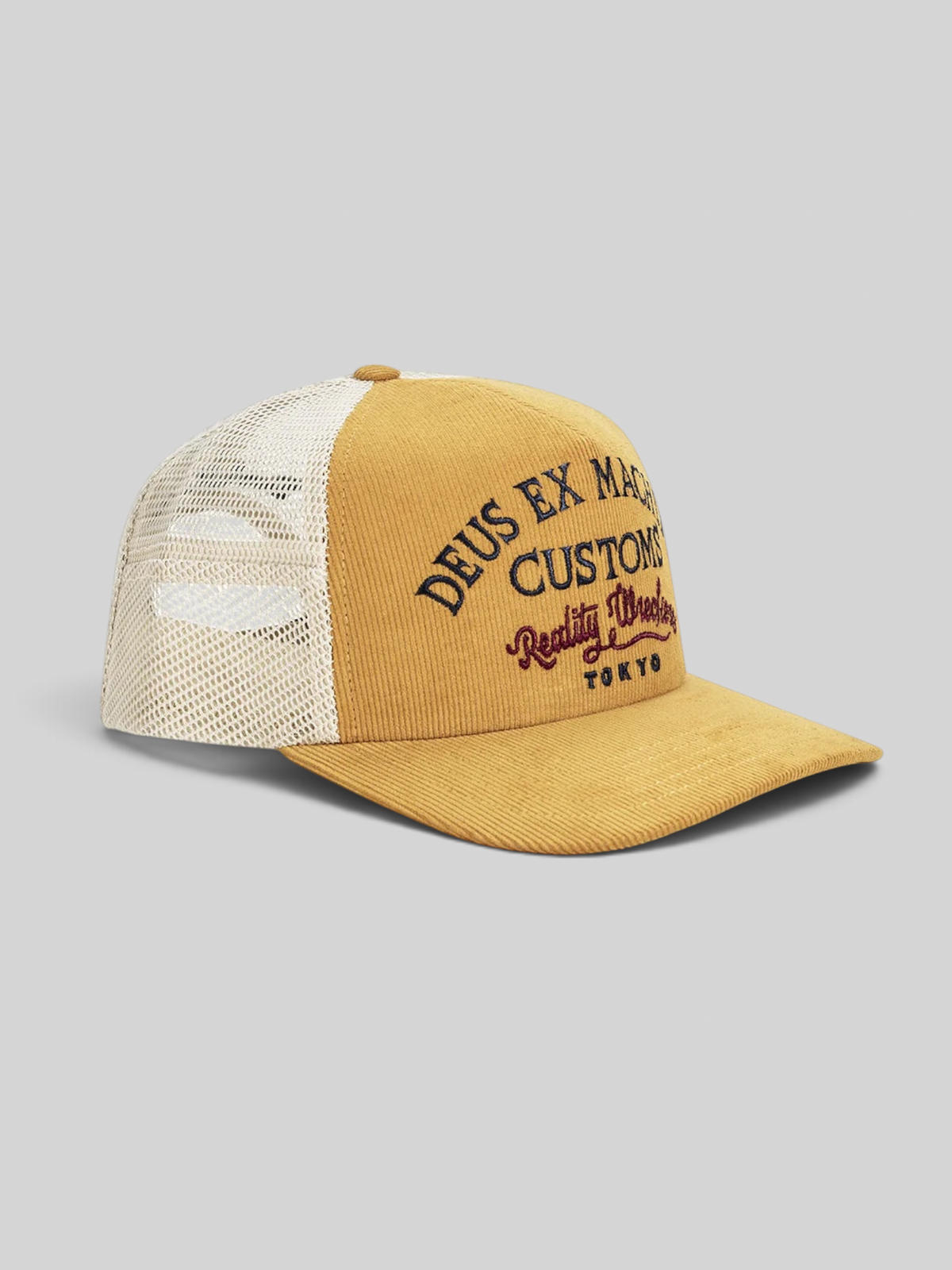 Baffle Haus Marsden Trucker cap in radiant yellow corduroy with white mesh back and embroidered front graphic
