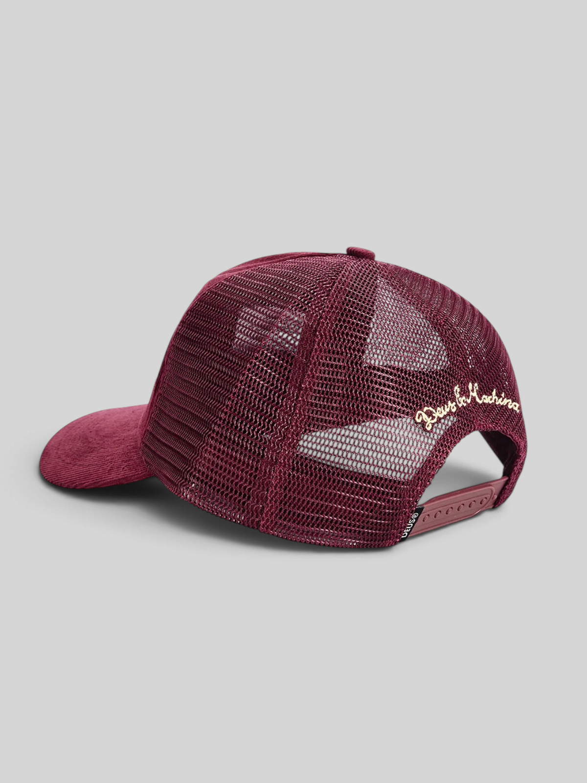 Baffle Haus Pill Cord Trucker hat in burgundy cotton corduroy with mesh back and embroidered side detail