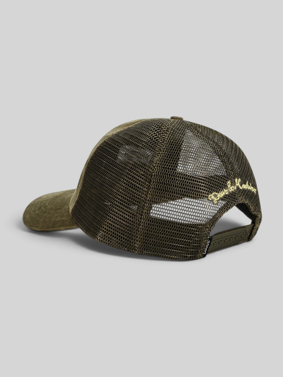 Baffle Haus olive green cotton corduroy trucker hat with mesh back and gold side embroidery
