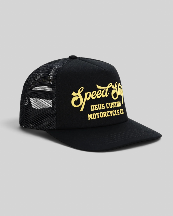 Baffle Haus black 5-panel trucker cap with yellow flocked Speed Shop motorcycle graphic and mesh back