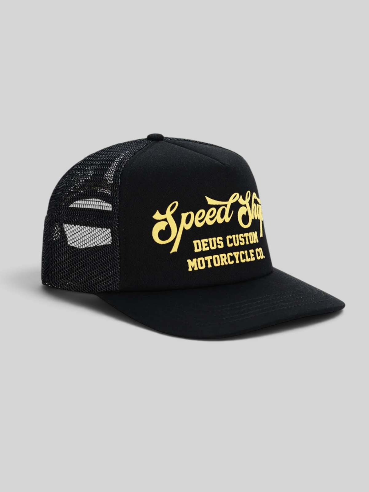 Baffle Haus black 5-panel trucker cap with yellow flocked Speed Shop motorcycle graphic and mesh back