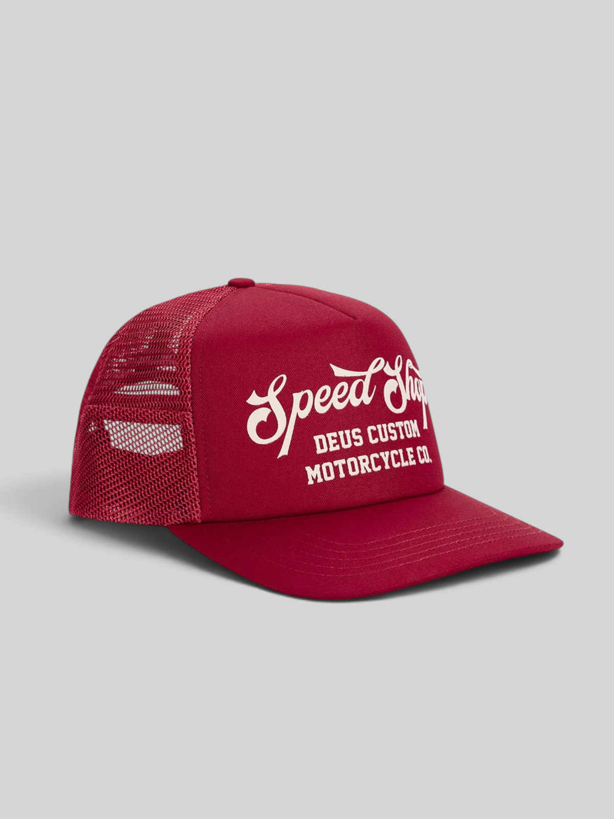 Baffle Haus cherry red 5-panel trucker cap with white flocked Speed Shop graphic and breathable mesh back
