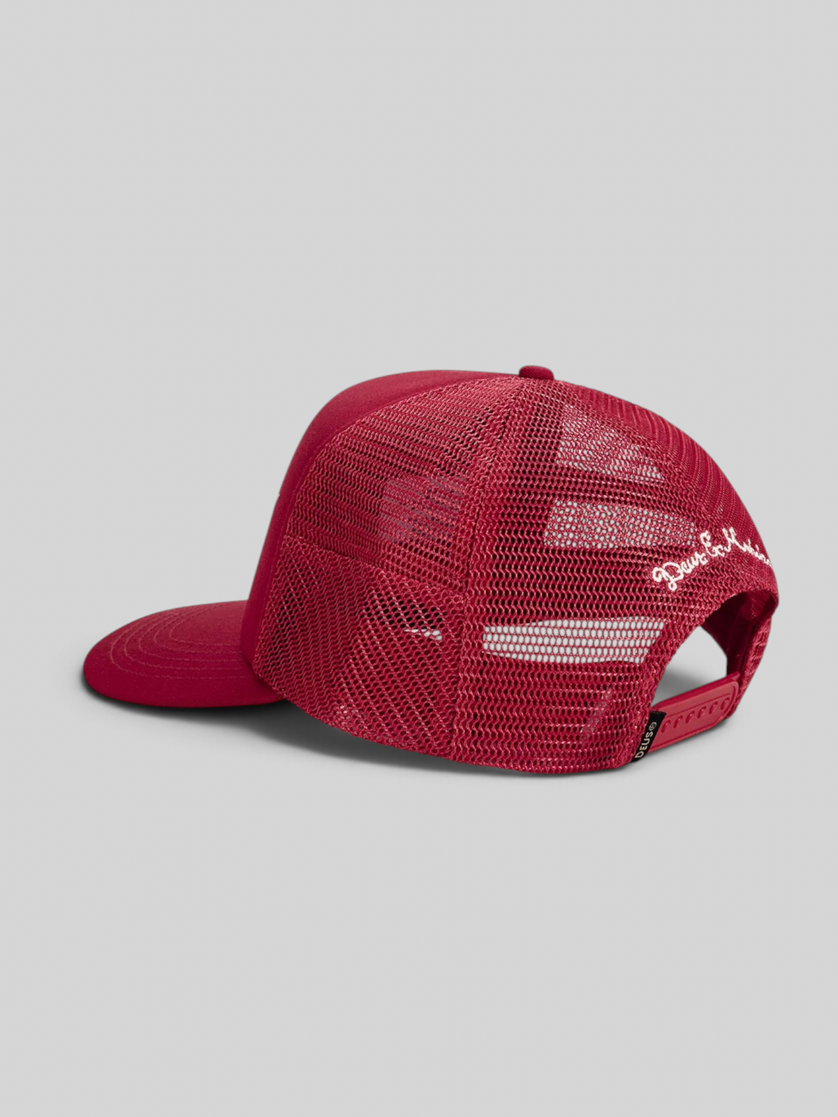 Baffle Haus cherry red 5-panel trucker cap with breathable polyester mesh back and adjustable plastic snap closure