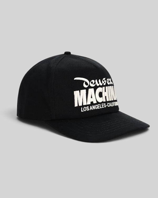 Baffle Haus Primo Cap in black cotton twill, featuring a 5-panel design and white embroidered front logo detail.