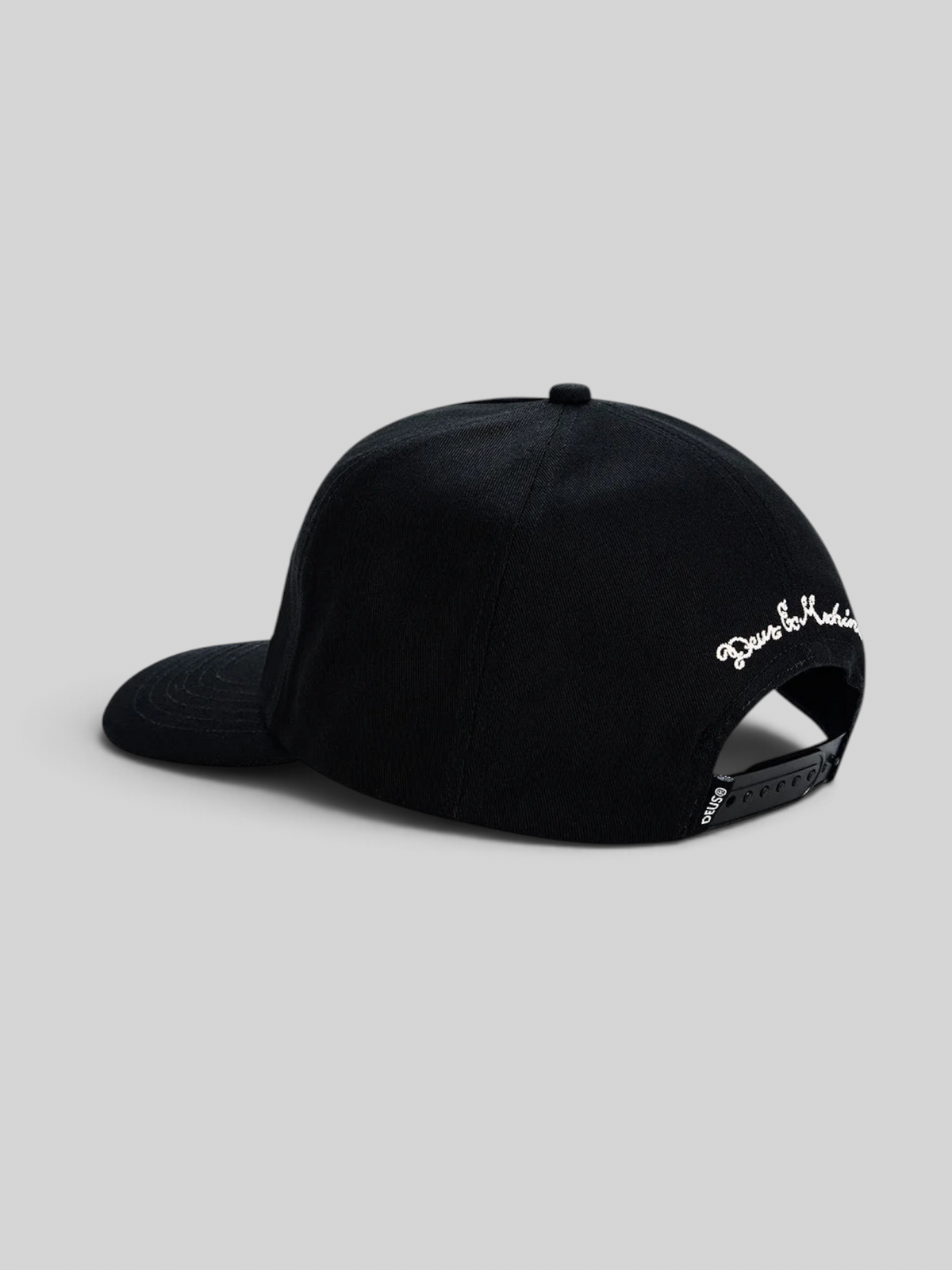 Baffle Haus Primo black cotton twill 5-panel cap with white side embroidery and plastic snapback adjuster