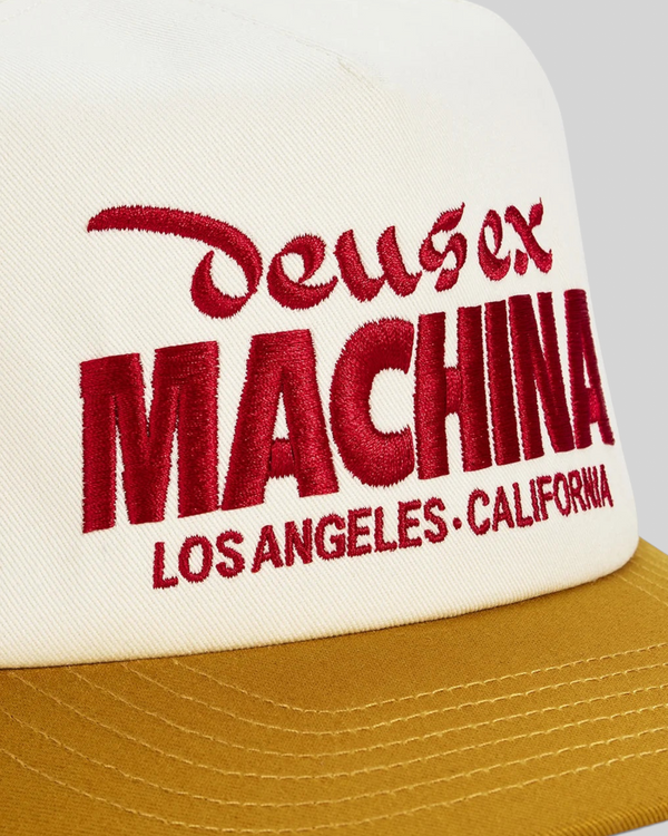Baffle Haus Primo Cap in radiant yellow and cream cotton twill with red embroidered Deus Ex Machina front logo