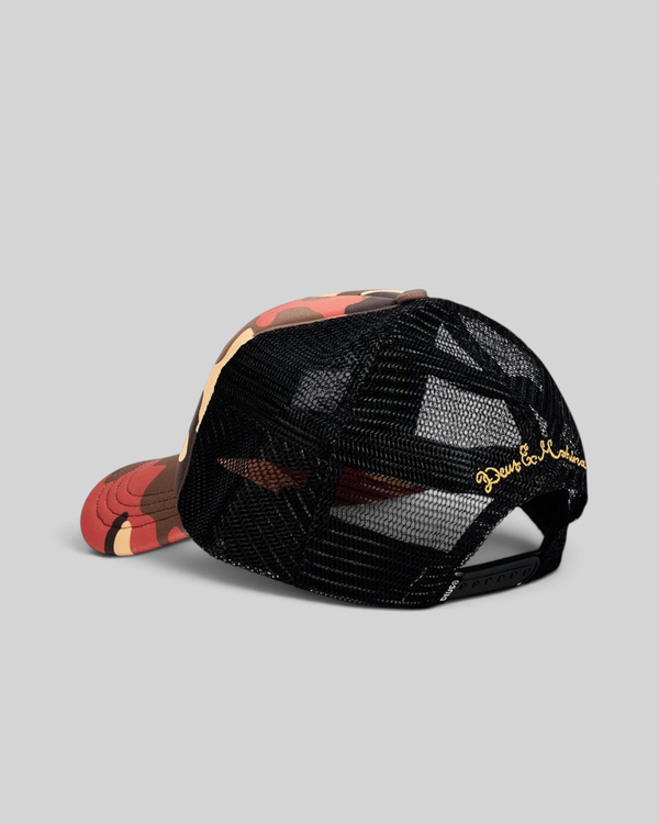 Baffle Haus Ombre Shield trucker cap in rust camo print with black mesh back and rear gold embroidery