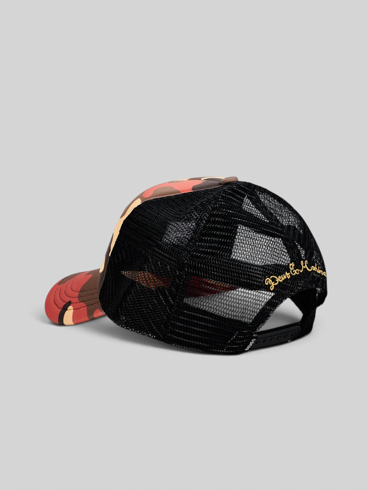 Baffle Haus Ombre Shield trucker cap in rust camo print with black mesh back and rear gold embroidery
