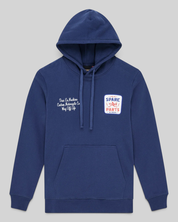 Baffle Haus Mudflap Hoodie in mechanic blue organic cotton fleece with chest embroidery and kangaroo pocket