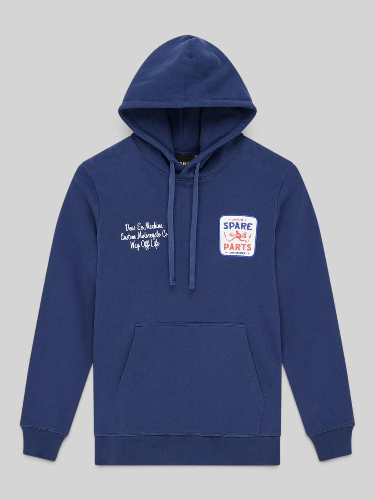Baffle Haus Mudflap Hoodie in mechanic blue organic cotton fleece with chest embroidery and kangaroo pocket