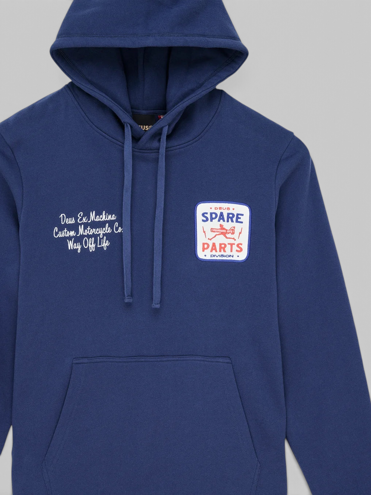 Baffle Haus Mudflap Hoodie in mechanic blue organic cotton fleece with chest embroidery and kangaroo pocket