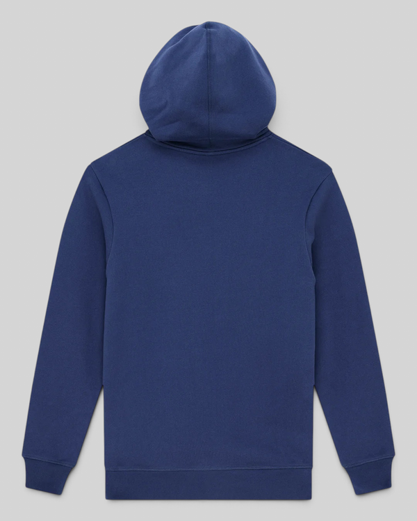 Baffle Haus Mudflap Hoodie in mechanic blue organic cotton fleece with a boxy fit, ribbed hem, and hood.