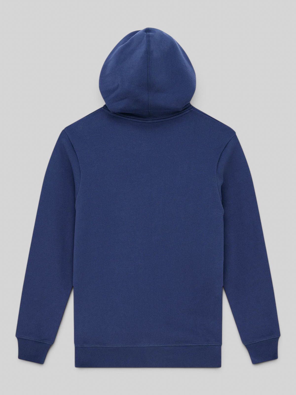 Baffle Haus Mudflap Hoodie in mechanic blue organic cotton fleece with a boxy fit, ribbed hem, and hood.