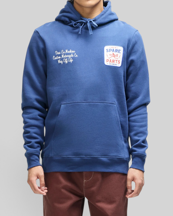 Baffle Haus Mudflap Hoodie in mechanic blue organic cotton fleece with chest embroidery and kangaroo pocket