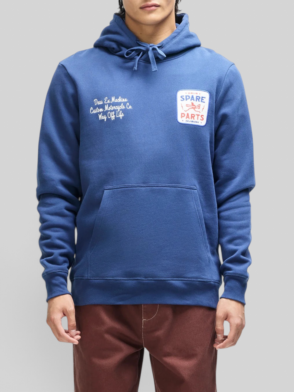 Baffle Haus Mudflap Hoodie in mechanic blue organic cotton fleece with chest embroidery and kangaroo pocket
