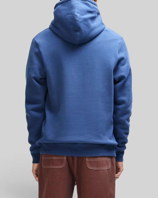 Back view of Baffle Haus Mudflap Hoodie in mechanic blue organic cotton fleece with ribbed hem and cuffs