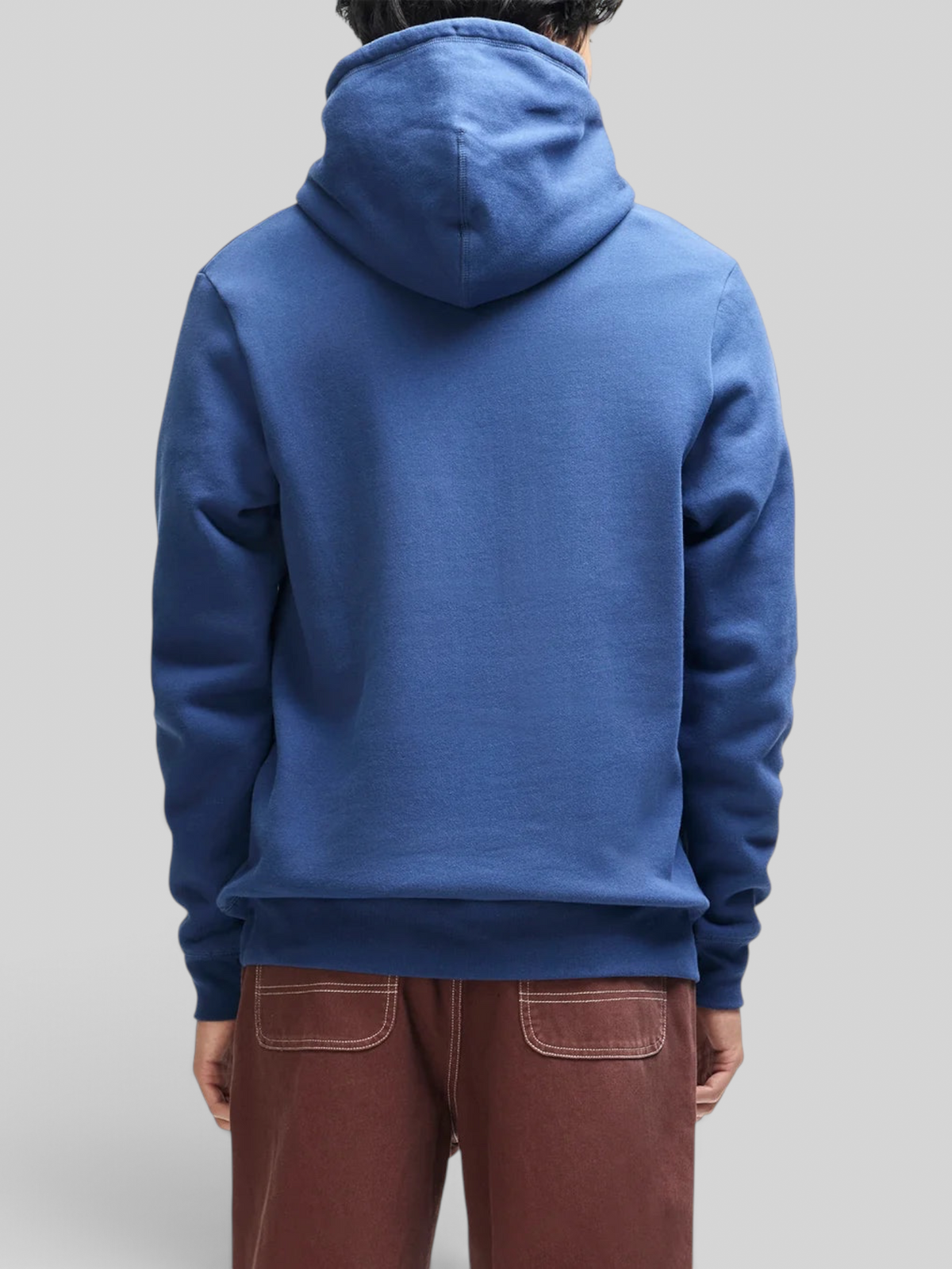 Back view of Baffle Haus Mudflap Hoodie in mechanic blue organic cotton fleece with ribbed hem and cuffs