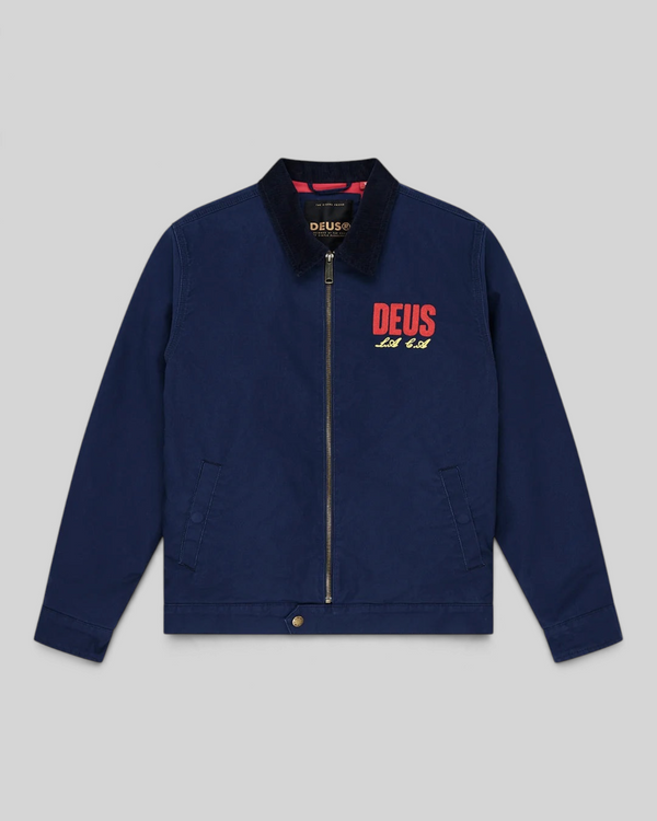 Baffle Haus navy cotton whipcord cutaway jacket with corduroy collar, zip front, and red embroidered chest logo.