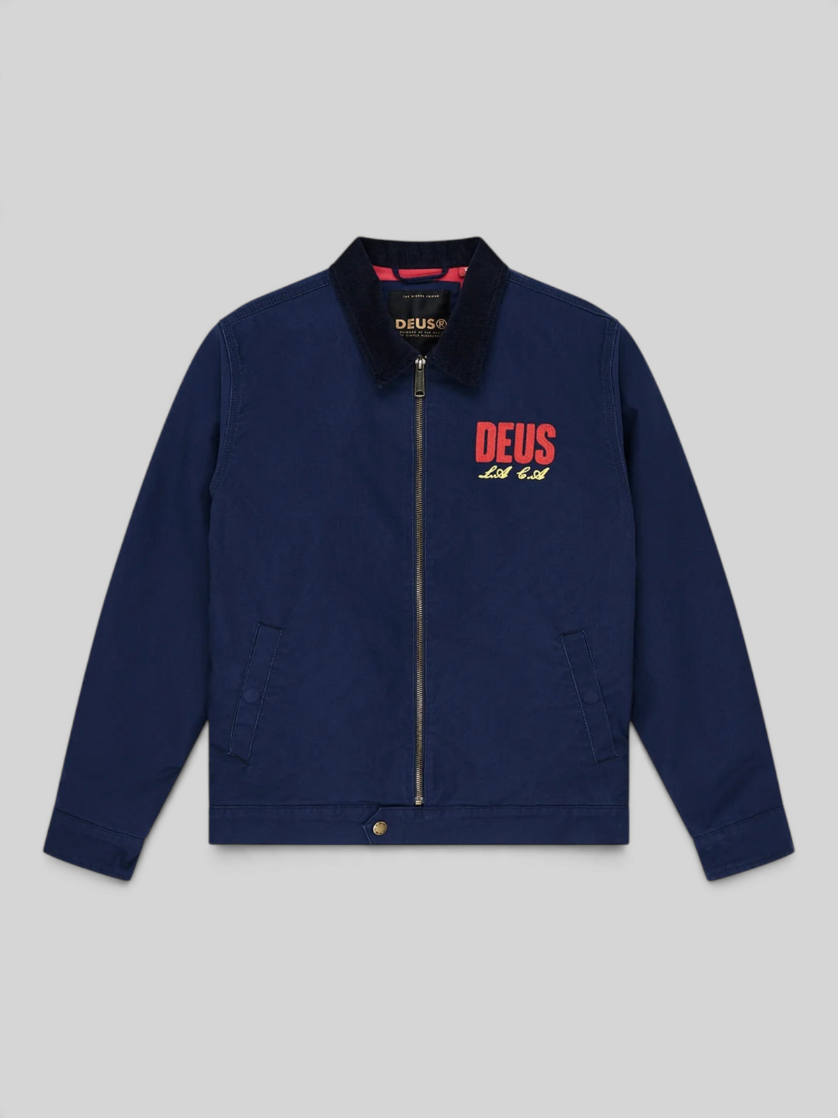 Baffle Haus navy cotton whipcord cutaway jacket with corduroy collar, zip front, and red embroidered chest logo.