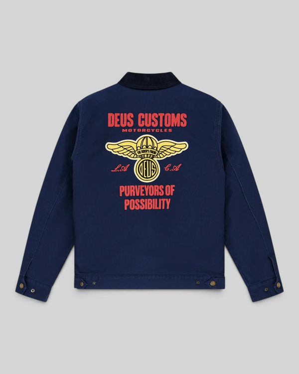 Baffle Haus navy cotton whipcord cutaway jacket featuring embroidered graphic art on the back