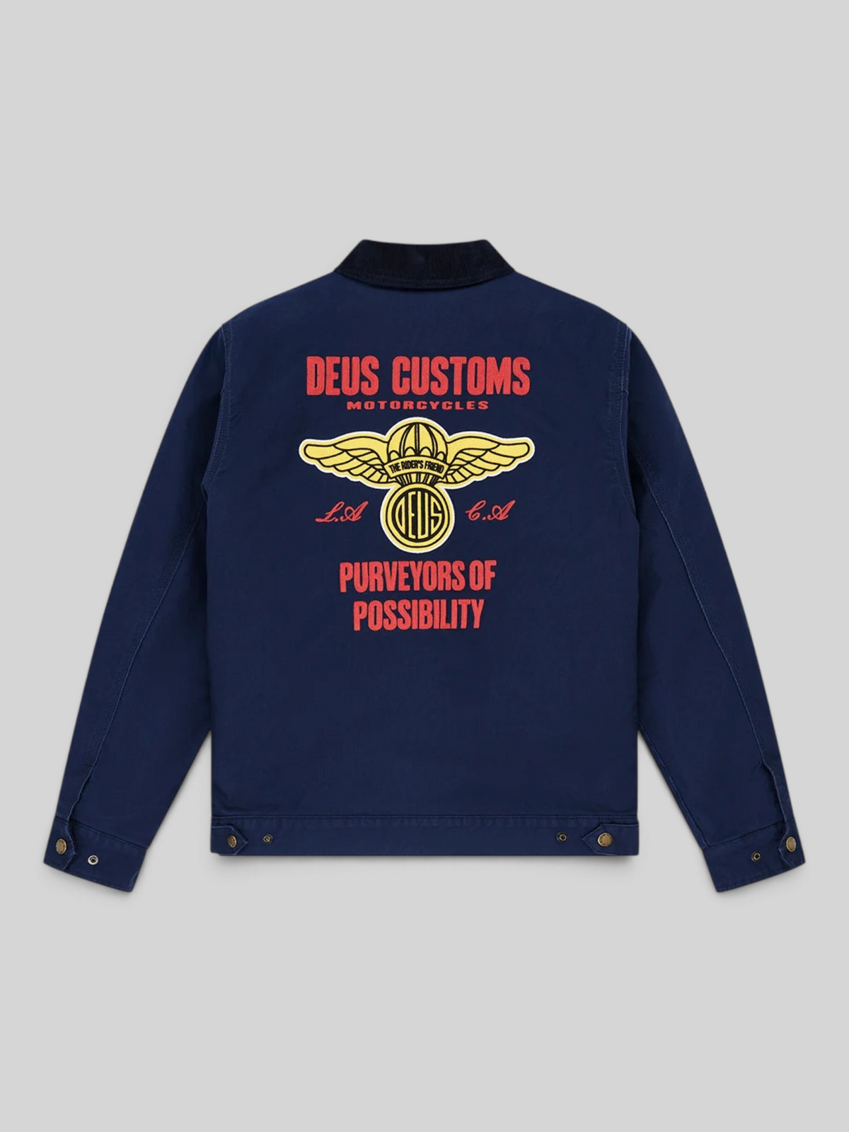 Baffle Haus navy cotton whipcord cutaway jacket featuring embroidered graphic art on the back