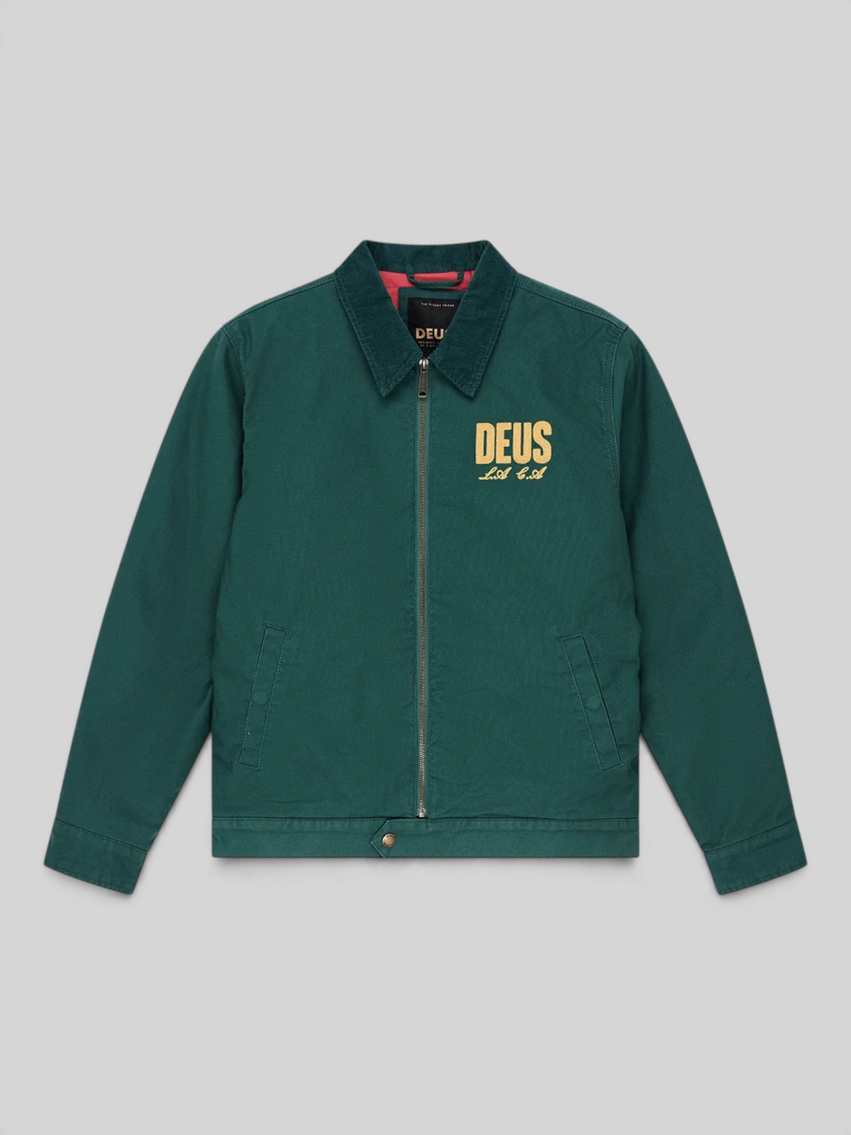 Baffle Haus racing green cotton whipcord cutaway jacket with zip front, collar, and embroidered chest logo