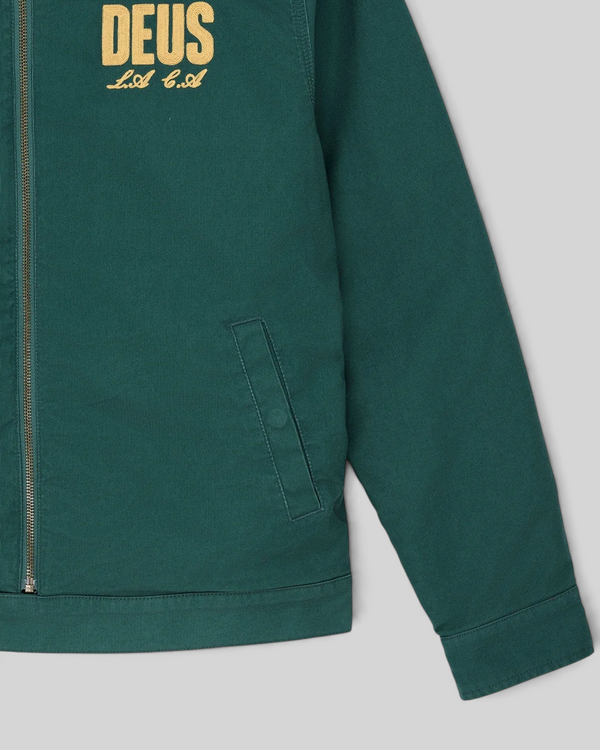 Baffle Haus racing green cotton whipcord zip-up jacket with embroidered chest logo and welt pockets