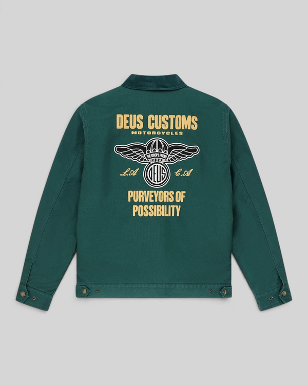 Baffle Haus racing green cotton whipcord jacket with embroidered Deus Customs motorcycle graphic on the back