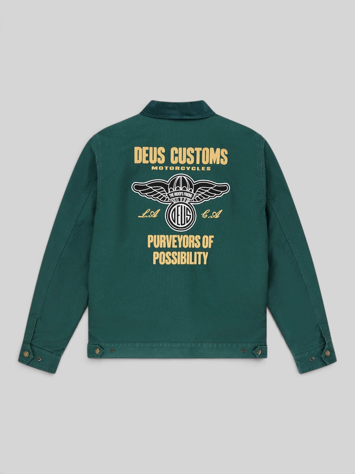 Baffle Haus racing green cotton whipcord jacket with embroidered Deus Customs motorcycle graphic on the back