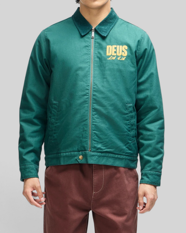 Baffle Haus racing green cotton whipcord cutaway jacket with zip front, collar, and embroidered chest logo