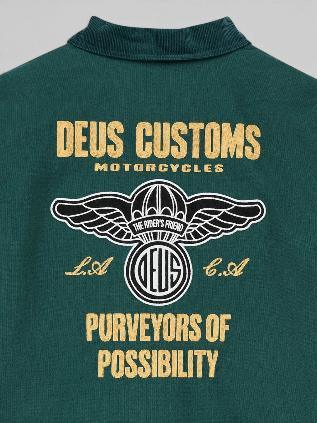Baffle Haus racing green cotton whipcord jacket back view with embroidered motorcycle graphic and lettering