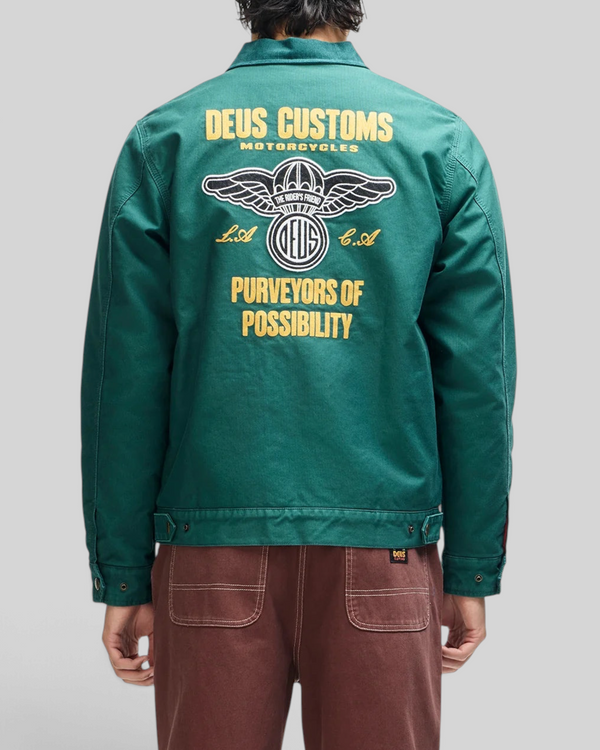 Baffle Haus racing green cotton whipcord cutaway jacket with yellow embroidered motorcycle art on the back