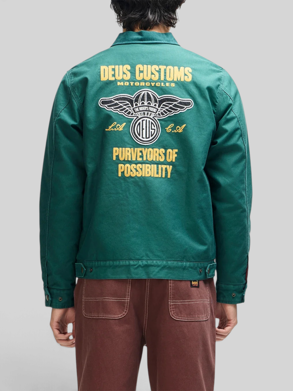 Baffle Haus racing green cotton whipcord cutaway jacket with yellow embroidered motorcycle art on the back
