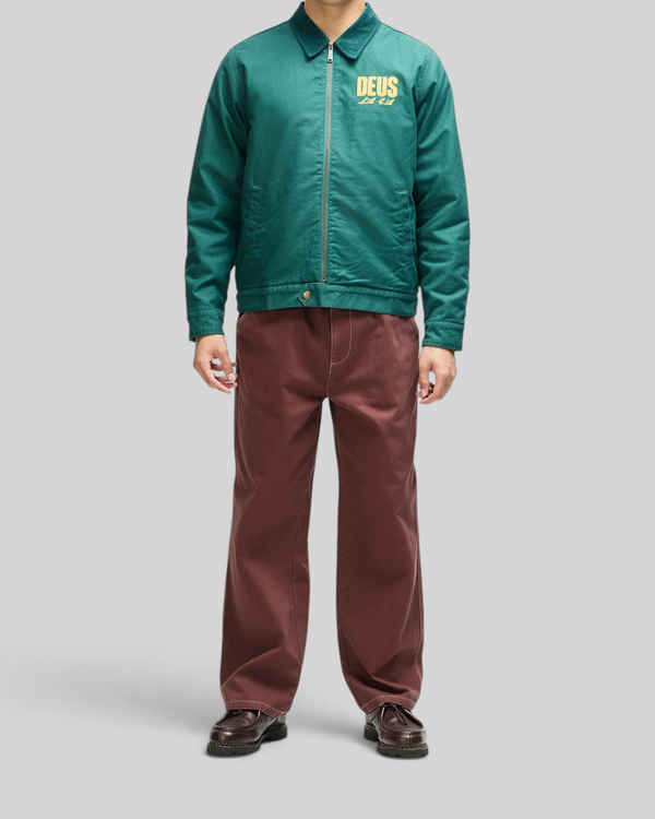 Baffle Haus racing green cotton whipcord cutaway jacket with yellow chest embroidery and zip front closure