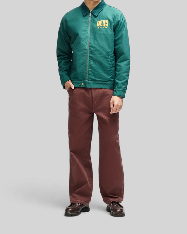 Baffle Haus racing green cotton whipcord cutaway jacket with yellow chest embroidery and zip front closure
