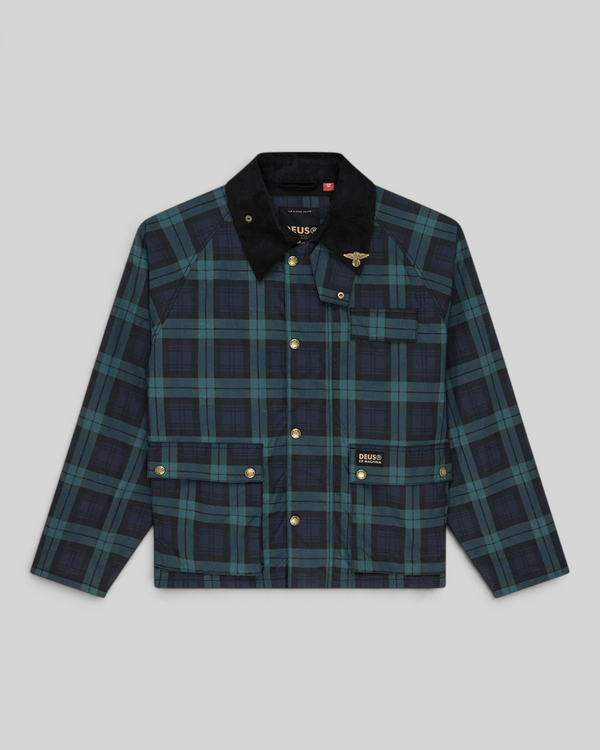 Baffle Haus Marsden hunting jacket in green check with a black corduroy collar, chest pocket, and brass snap buttons.
