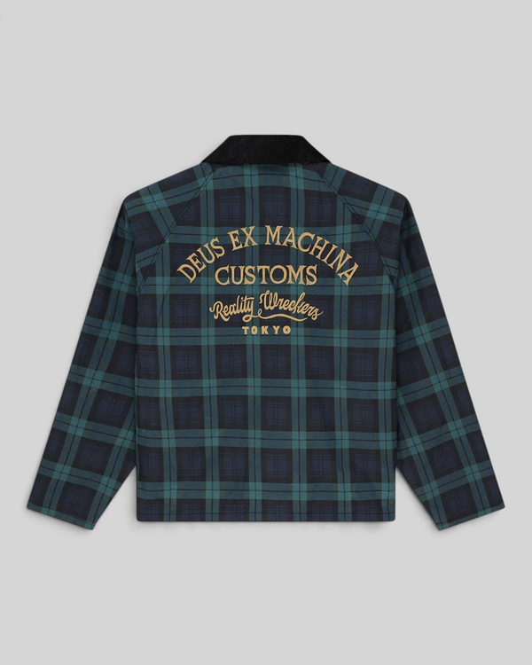 Baffle Haus Marsden hunting jacket in green check plaid with embroidered gold lettering on the back