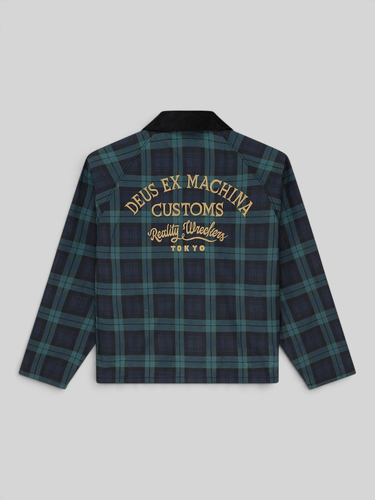 Baffle Haus Marsden hunting jacket in green check plaid with embroidered gold lettering on the back