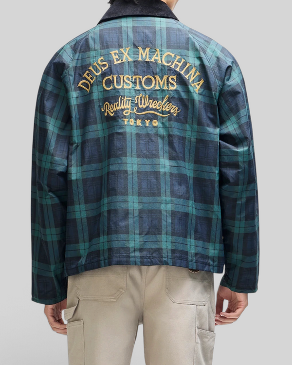 Baffle Haus Marsden hunting jacket in green check with embroidered back detailing and a black corduroy collar