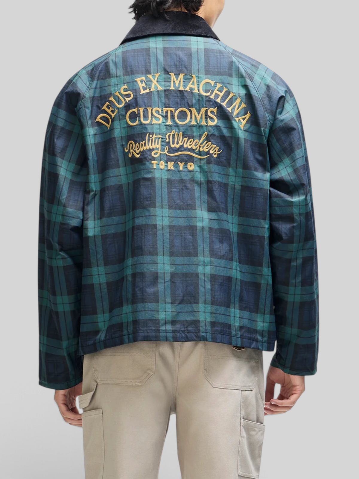 Baffle Haus Marsden hunting jacket in green check with embroidered back detailing and a black corduroy collar