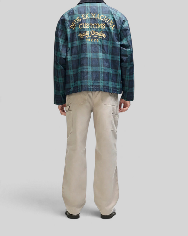 Baffle Haus Marsden hunting jacket in green check with embroidered back detail worn by a model from behind