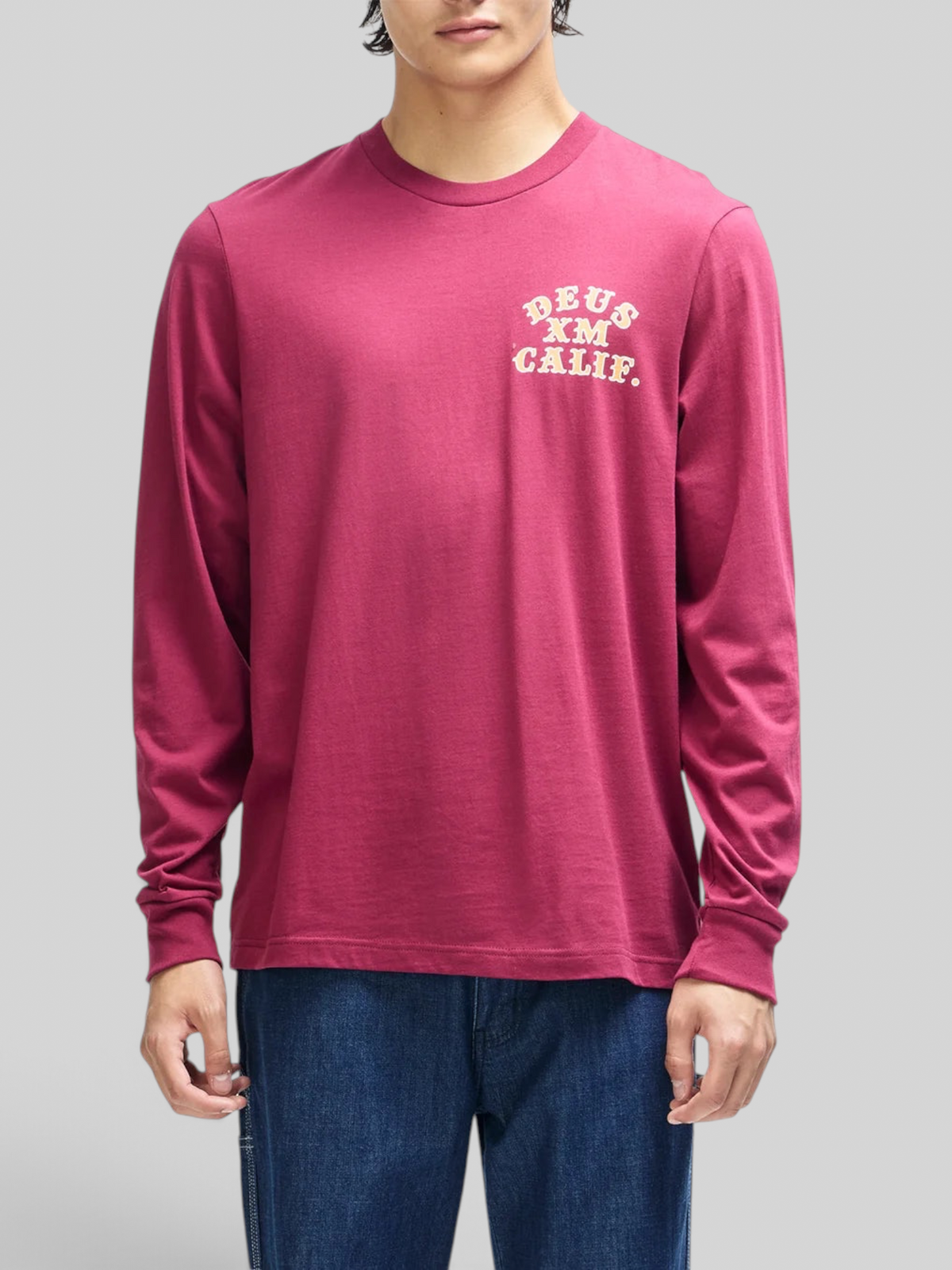 Baffle Haus burgundy long sleeve tee in recycled cotton jersey with cream chest graphic and boxy fit