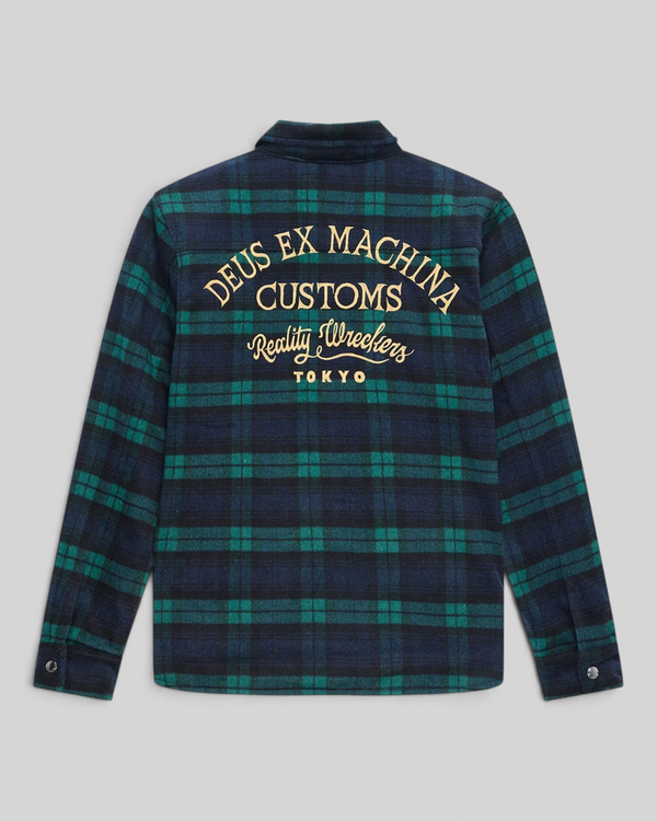 Baffle Haus Maxwell green and navy check wool blend shirt with gold embroidered back art