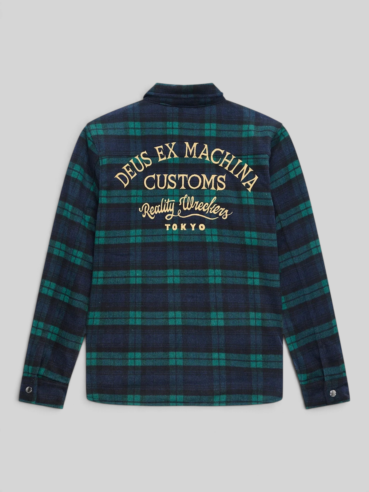 Baffle Haus Maxwell green and navy check wool blend shirt with gold embroidered back art