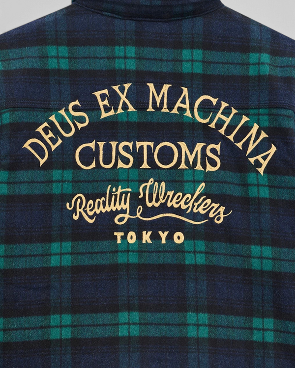 Baffle Haus Maxwell green check wool blend shirt featuring embroidered Deus Ex Machina back graphic detail
