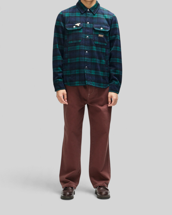 Baffle Haus Maxwell check shirt in green wool blend with chest pockets and snap buttons worn by a model